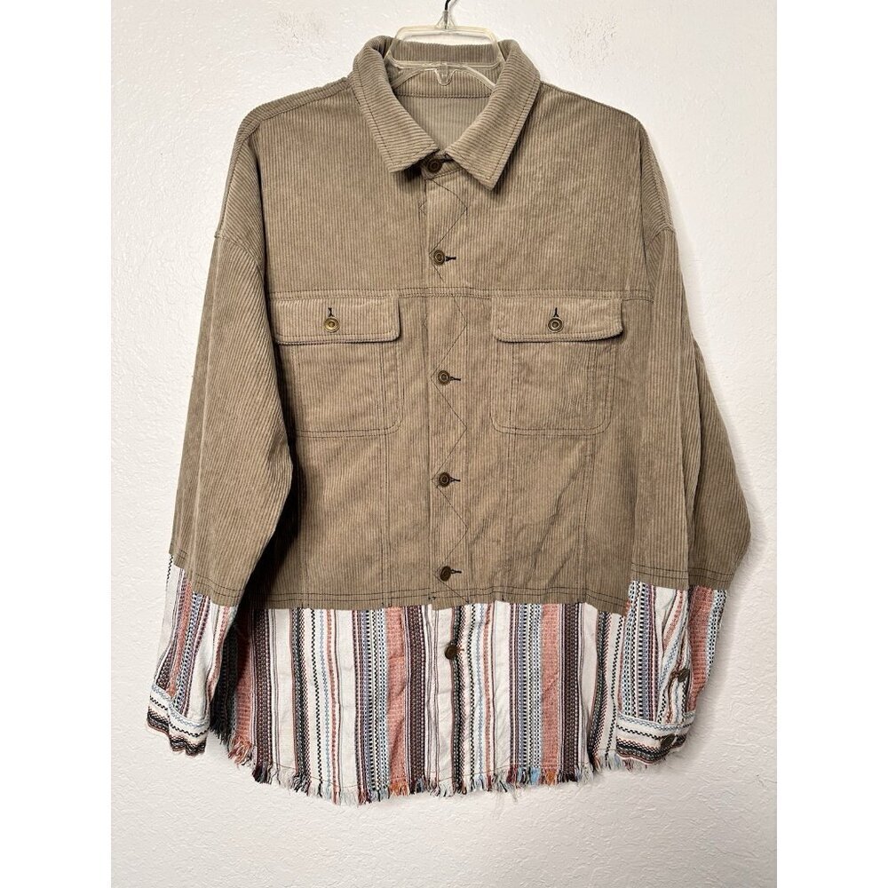Yueary Womens Patchwork Stripe Contrast Corduroy JacketOlive Green Size XL NWOT‎ - Picture 2 of 10